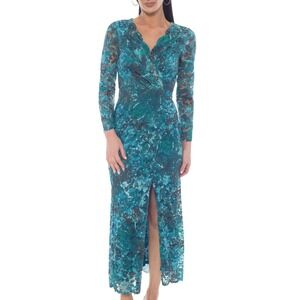 Marina Teal Hunter Green Floral Lace Maxi Dress Long Sleeve V-Neck Gown Size M